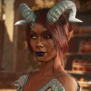 A virtual photograph of a player created character from baldur's gate three. She is a dark skin toned tiefling, with black hair and red highlights, a scar across her face running under her left eye, and a series of dots down her nose and under her eyes. Sh