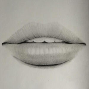 A grayscale charcoal sketch of a pair of lips