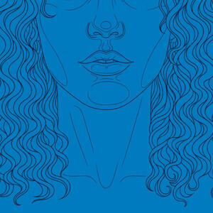 A blue tinted sketch of the middle and below part of a woman with curly hair