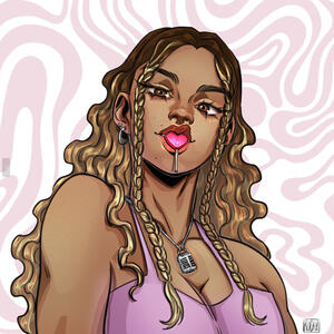A illustrative piece of art of a woman with medium dark brown skin tone, and long curyl brown and blonde highlighted hair with two small braids framing her face. She has a heart shaped pink lolipop in her mouth and a lilac colored tank top on, and a neckla